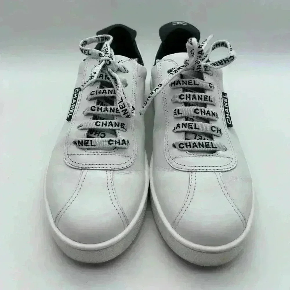 Chanel White Leather Casual Sneakers: Women's Size 36.5 Logo Laces CC
